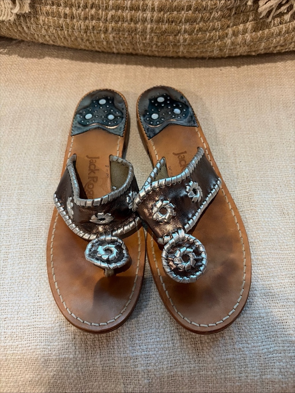Jack Rogers whipstitched silver  bronze metallic Leather Sandals flats thong 8